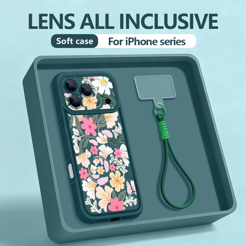 Wrist Strap Lanyard Phone Case For iPhone 17 Pro Max Air 16E 16 14 15 Pro 12 13 Pro Max 11 Blue White Flower Printed TPU Cover