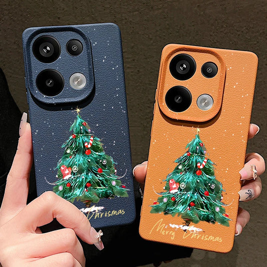 Christmas Tree Print Phone Case For Xiaomi Redmi Note 14 13 Pro 4G Note 13 14 Pro Plus 5G 13C 11 Pro Leather Texture TPU Cover