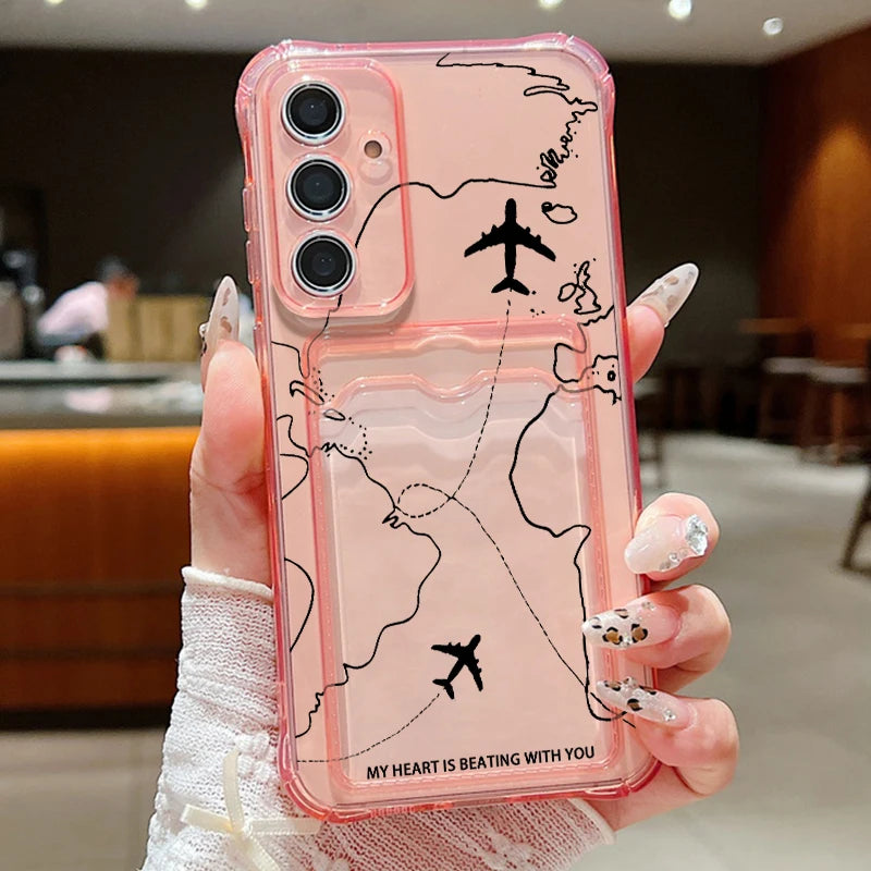 Air Route Card Bag Wallet Case For Samsung Galaxy S25 S24 S22 Ultra S23 FE A55 A35 A25 A15 A16 5G A06 A05 Soft TPU Phone Cover