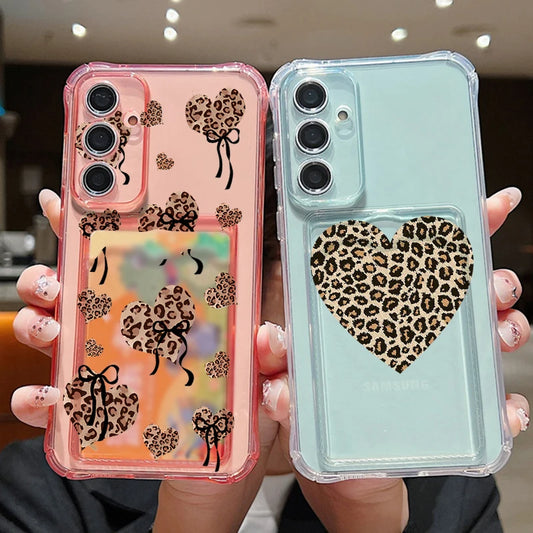 Card Pocket TPU Phone Case For Samsung Galaxy A17 A56 A16 A36 A55 A15 A25 A26 A54 A53 5G Leopard Print Love Heart Pattern Cover