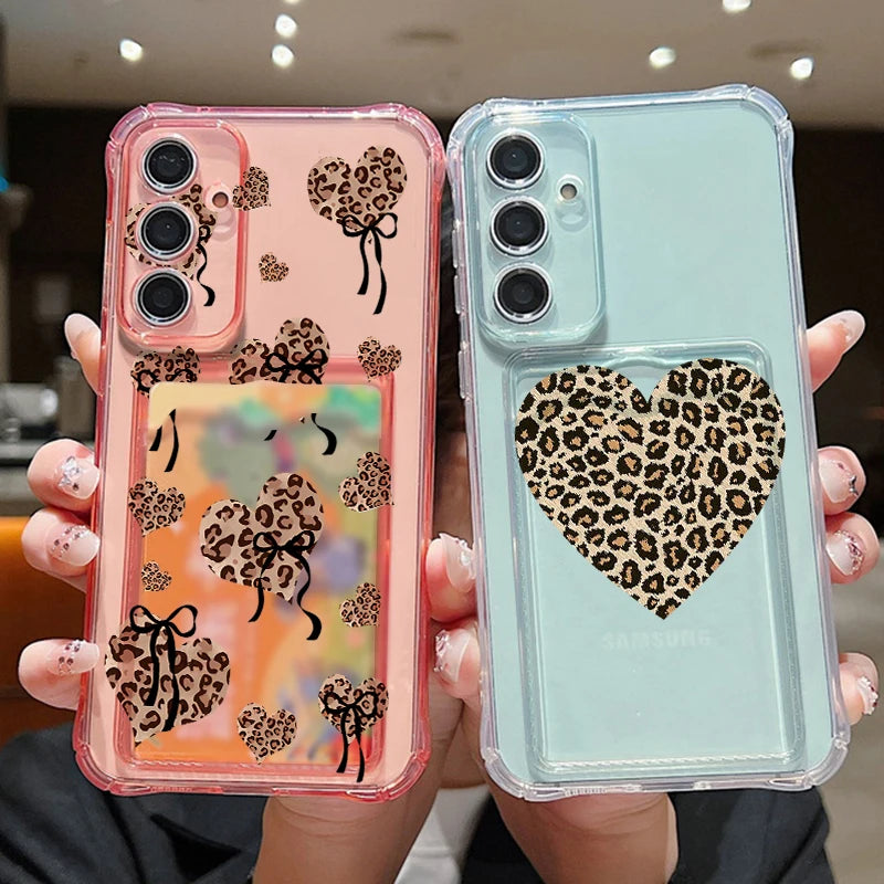 Card Pocket TPU Phone Case For Samsung Galaxy S25 S24 S23 Ultra S24 S23 S25 FE S22 Plus Leopard Print Love Heart Pattern Cover