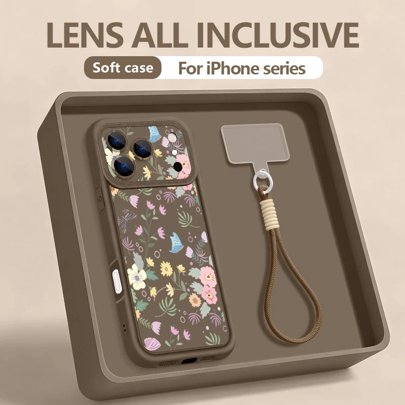 Wrist Strap Lanyard Phone Case For iPhone 17 Pro Max Air 16E 16 14 15 Pro 12 13 Pro Max 11 White Flowers Printed Soft TPU Cover