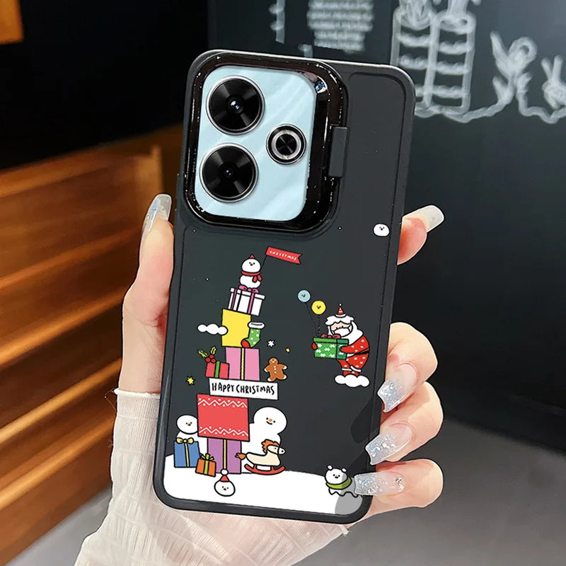 Merry Christmas Pattern Lens Frame Holder Case For Xiaomi Redmi Note 13 Pro 12 11 Pro 5G 13C 4G Kickstand Soft TPU Phone Cover