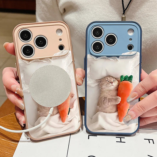 Magnetic Phone Case For iPhone 17 Pro 16 15 14 13 Pro Max For Magsafe Wireless Charge Sleeping Cat Pattern Hard PC Back Cover