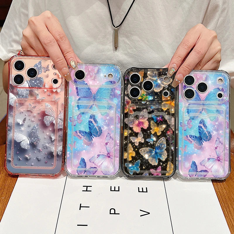 Card Slot Pocket Case For iPhone 17 16 Pro 15 14 13 Pro Max 11 Shockproof Gorgeous Butterfly Pattern Soft Silicone Phone Cover