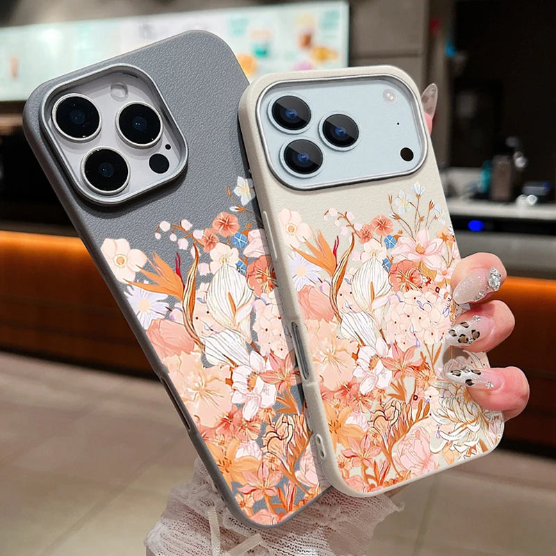 Leather Texture TPU Phone Case For iPhone 17 16 15 Pro Max 14 15 Plus 13 12 Pro Max 11 Air Pink Flowers Printed Soft Back Cover