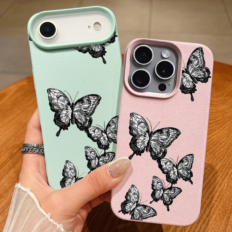 Black Butterfly Pattern Phone Case For iPhone 17 16e 16 15 Pro Max Leather Texture TPU Cover For iPhone Air 12 13 14 Pro Max 11