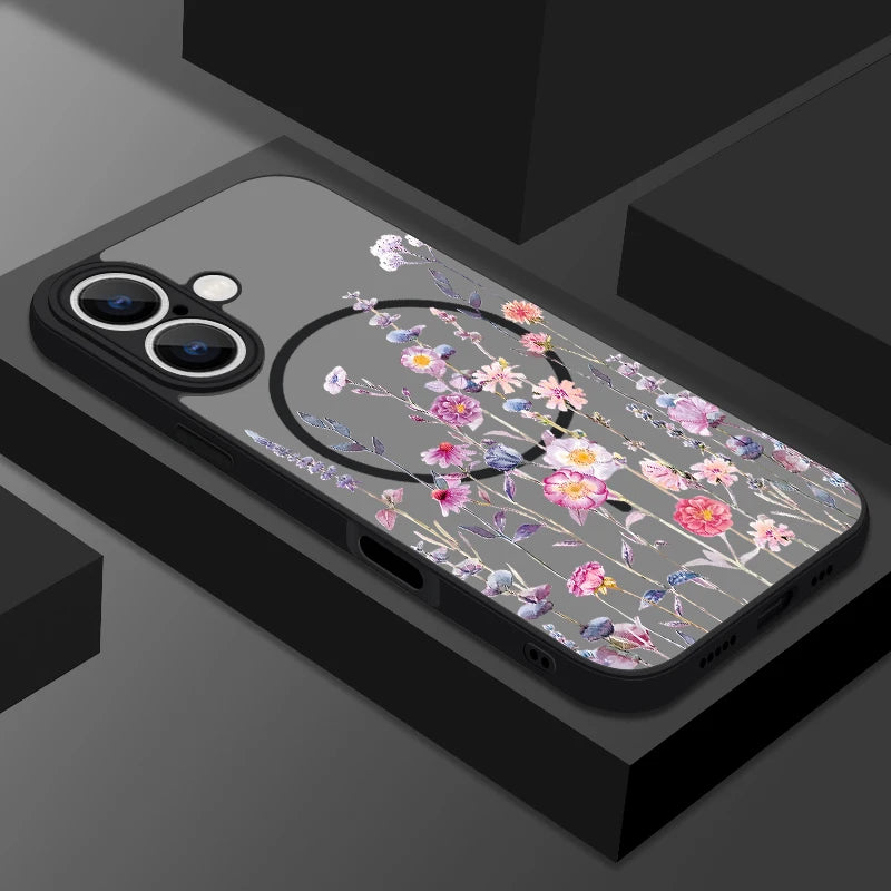 Hard Matte Magnetic Case For iPhone 16e 16 15 Pro Max 14 13 Pro For Magsafe Wireless Charge Small Flowers Print Phone Cover