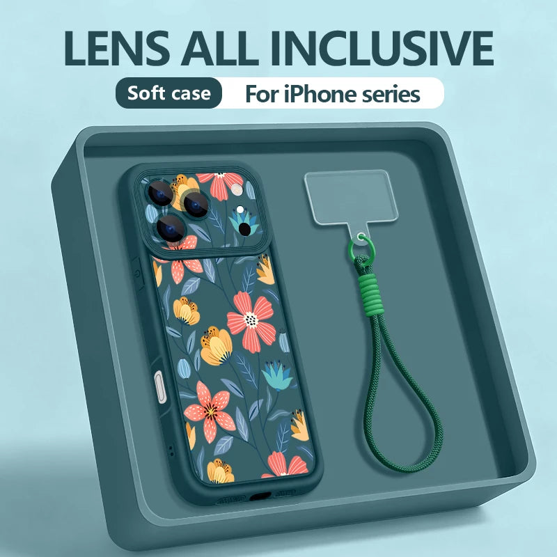 Wrist Strap Lanyard Phone Case For iPhone 17 Pro Max Air 16E 16 14 15 Pro 12 13 Pro Max 11 White Flowers Printed Soft TPU Cover