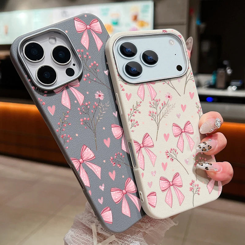 Leather Texture Soft TPU Phone Case For iPhone 17 16 15 Pro Max 14 15 Plus 13 12 Pro Max 11 Air Pink Bowknot Pattern Back Cover