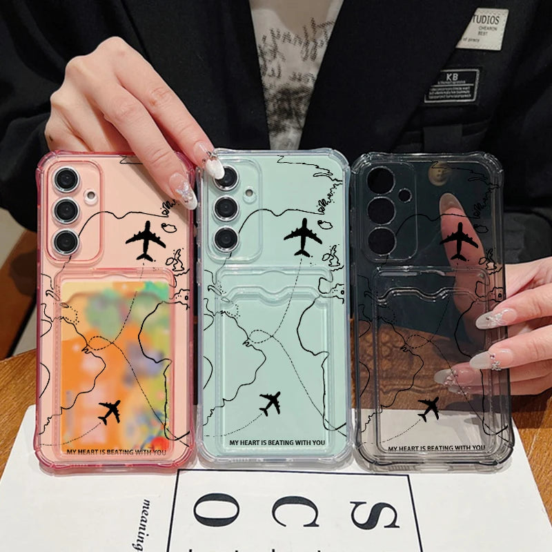 Air Route Card Bag Wallet Case For Samsung Galaxy S25 S24 S22 Ultra S23 FE A55 A35 A25 A15 A16 5G A06 A05 Soft TPU Phone Cover