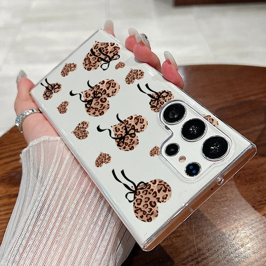 Clear Hard PC Phone Case For Samsung Galaxy S25 S24 S23 Ultra S24 S23 S25 FE S22 S21 Plus Leopard Print Love Heart Printed Cover