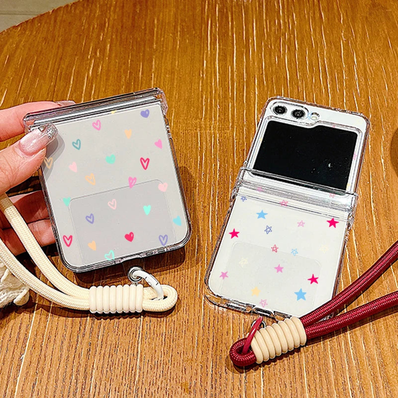 Wrist Strap Lanyard Phone Case For Samsung Galaxy Z Flip7 Flip6 Flip5 Flip4 Flip 7 FE 6 5 4 3 5G Tiny Hearts Pattern Back Cover