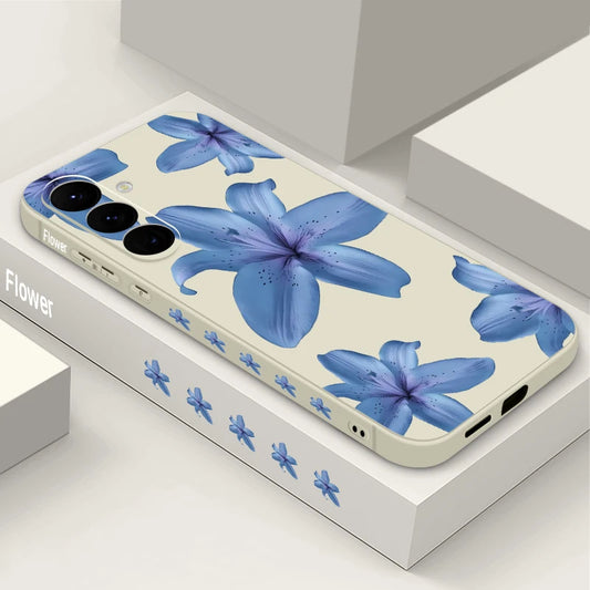 Soft TPU Phone Case For Samsung Galaxy S24 S25 FE S25 S23 S22 Ultra A17 A56 A16 A55 A25 A15 A36 A54 5G Blue Flower Print Cover