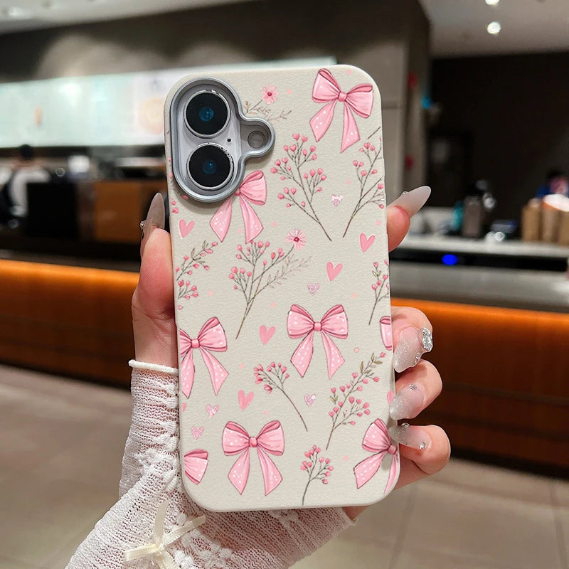 Leather Texture Soft TPU Phone Case For iPhone 17 16 15 Pro Max 14 15 Plus 13 12 Pro Max 11 Air Pink Bowknot Pattern Back Cover
