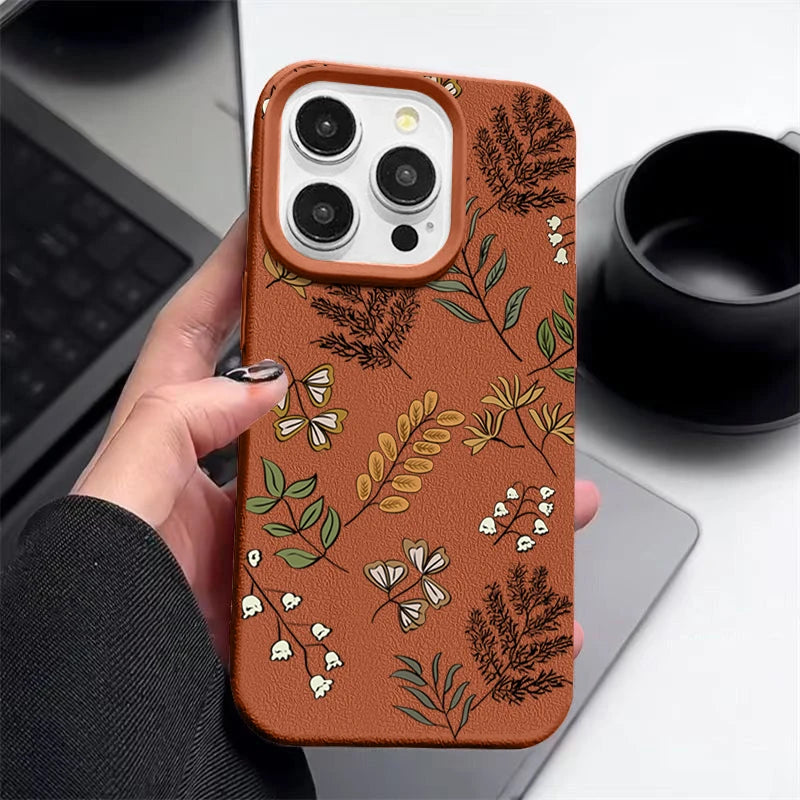 Leaves Pattern Soft Case For iPhone 17 Air 16e 16 15 14 13 12 Pro Max 11 Luxury Leather Texture TPU Silicone Phone Cover Fundas