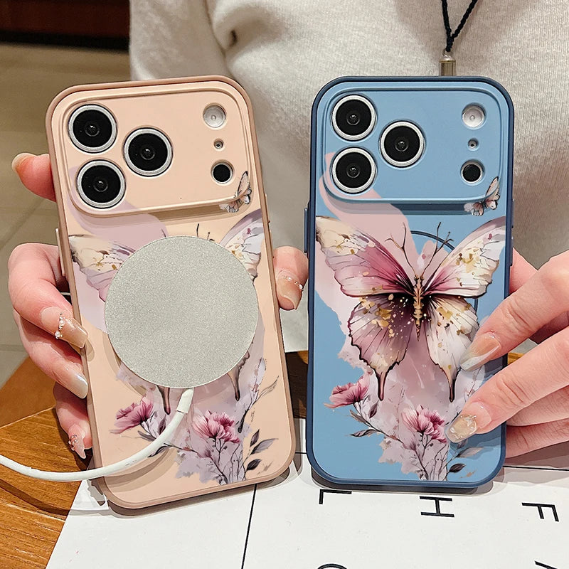 Magnetic Phone Case For iPhone 17 Pro 16 15 14 13 Pro Max For Magsafe Wireless Charge Pink Butterfly Print Hard PC Back Cover