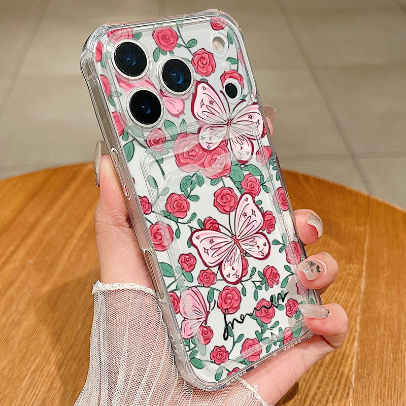 Card Slot Pocket Case For iPhone 17 16 Pro 15 14 13 Pro Max 11 Shockproof Pink Butterfly Pattern Soft Silicone Clear Phone Cover