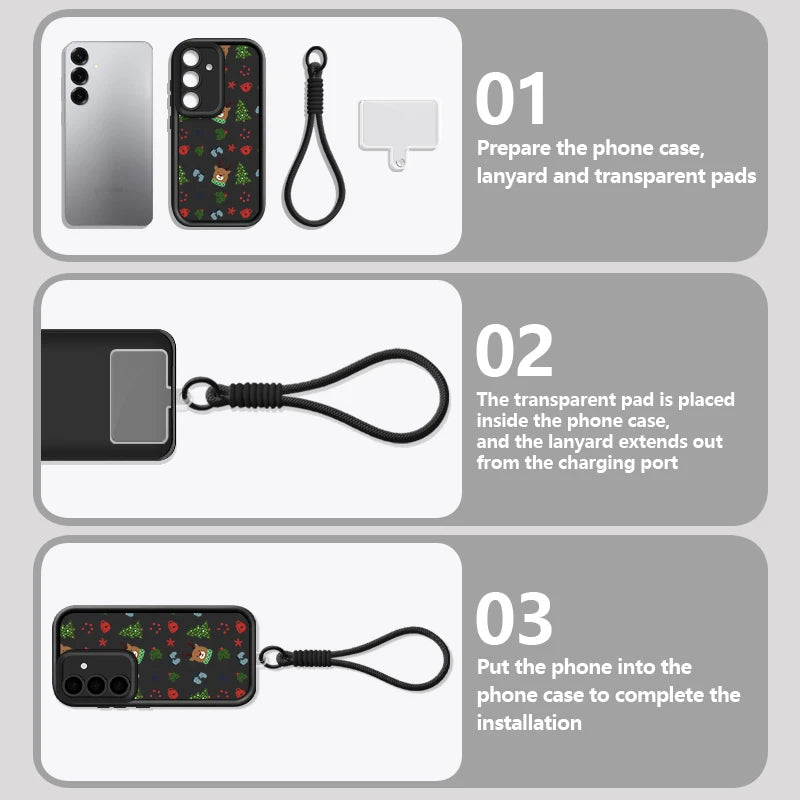 Cartoon Reindeer Print Lanyard Case For Samsung Galaxy S25 S23 S22 S24 Ultra S24 S25 FE A17 A56 A16 A55 A15 A36 A25 5G TPU Cover