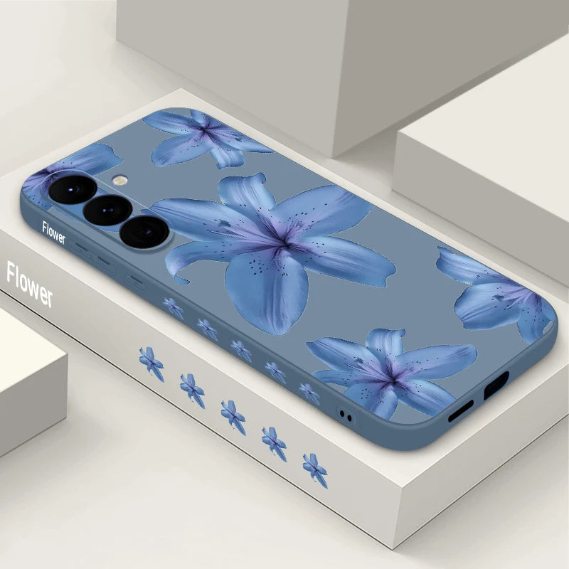 Soft TPU Phone Case For Samsung Galaxy S24 S25 FE S25 S23 S22 Ultra A17 A56 A16 A55 A25 A15 A36 A54 5G Blue Flower Print Cover
