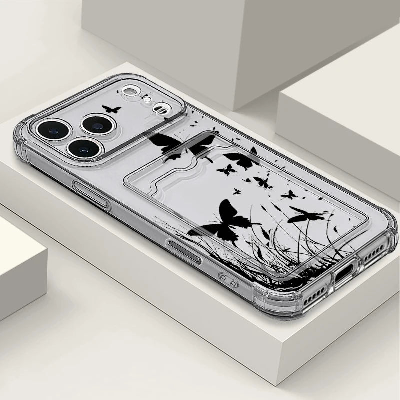 Card Slot Pocket TPU Case For iPhone 17 16 Pro 15 14 13 Pro Max 11 Shockproof Butterfly Pattern Soft Silicone Clear Phone Cover