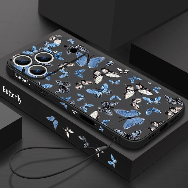 Blue Butterfly Pattern Phone Case For iPhone 17 Pro Max Air 16E 16 15 14 13 12 Pro Max 11 Magnetic For Magsafe Lanyard TPU Cover