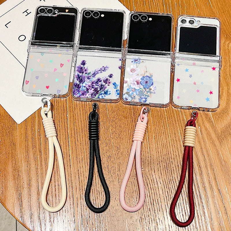 Wrist Strap Lanyard Phone Case For Samsung Galaxy Z Flip7 Flip6 Flip5 Flip4 Flip 7 FE 6 5 4 3 5G Tiny Hearts Pattern Back Cover