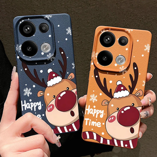 Cartoon Reindeer Print Phone Case For Xiaomi Redmi Note 14 13 Pro 4G Note 13 14 Pro Plus 5G 13C 11 Pro Leather Texture TPU Cover