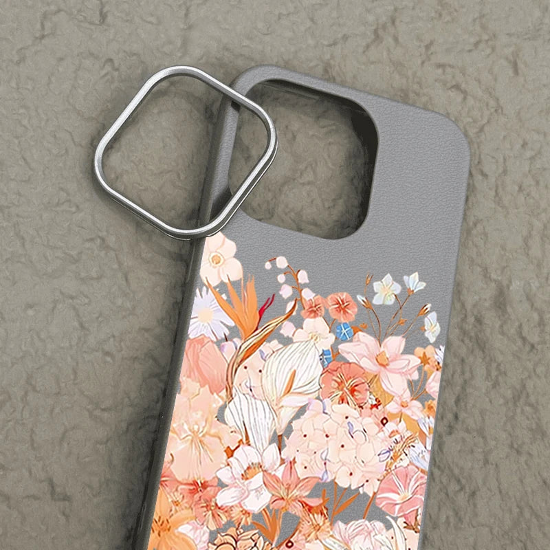 Leather Texture TPU Phone Case For iPhone 17 16 15 Pro Max 14 15 Plus 13 12 Pro Max 11 Air Pink Flowers Printed Soft Back Cover