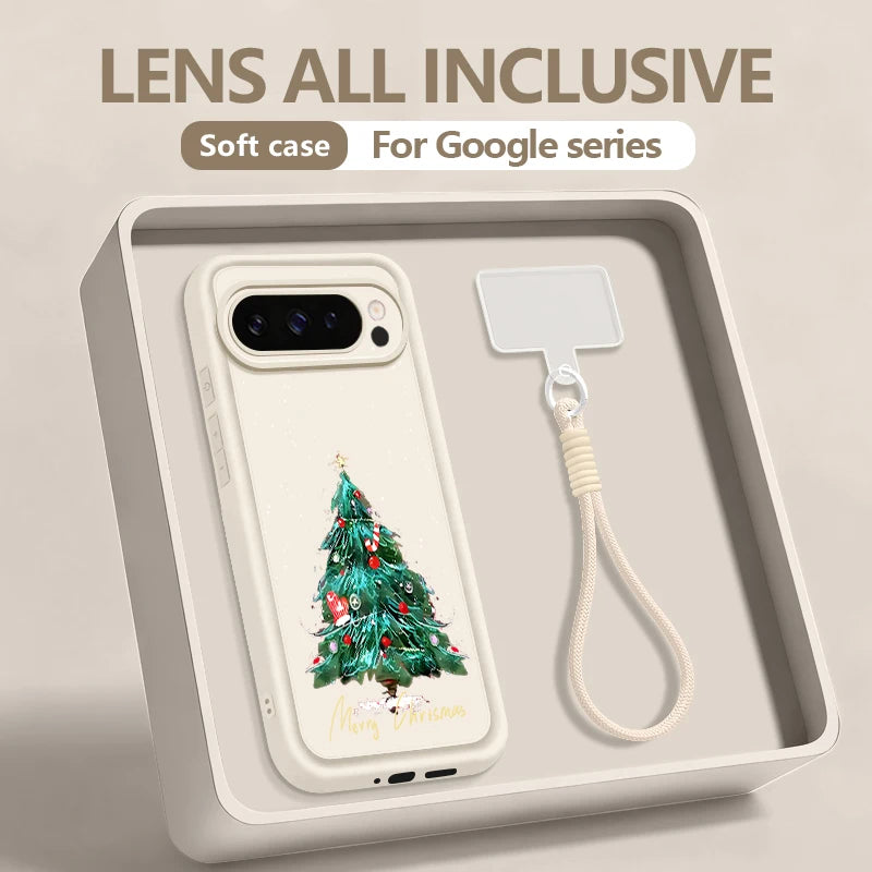 Christmas Tree Pattern Phone Case For Google Pixel 10 8 7 Pro 8A Pixel 9 Pro XL Soft TPU Wrist Strap Lanyard Silicone Back Cover