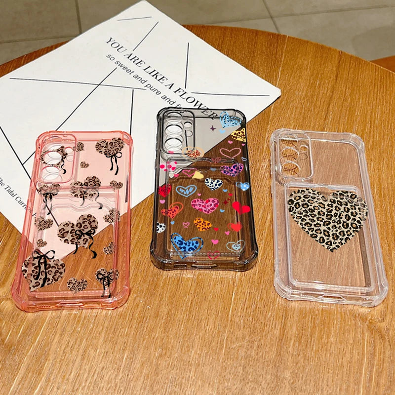 Card Pocket TPU Phone Case For Samsung Galaxy S25 S24 S23 Ultra S24 S23 S25 FE S22 Plus Leopard Print Love Heart Pattern Cover