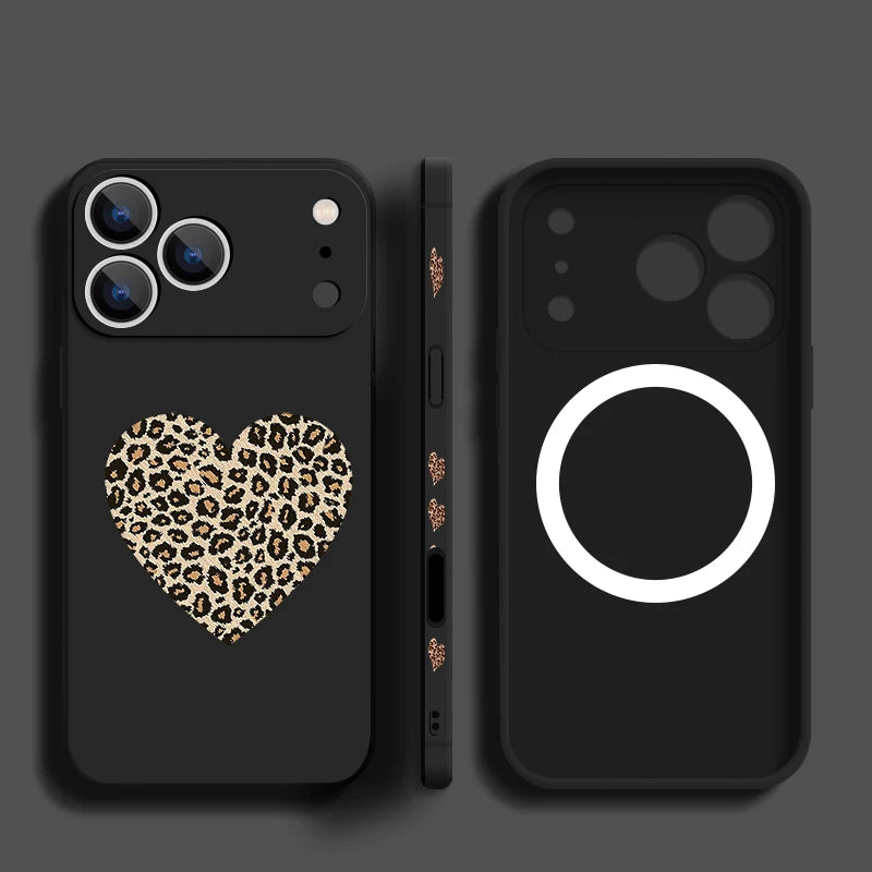 Magnetic For Magsafe Case For iPhone 17 Pro Max Air 16E 16 15 14 13 12 Pro Max 11 Leopard Print Love Heart Lanyard TPU Cover