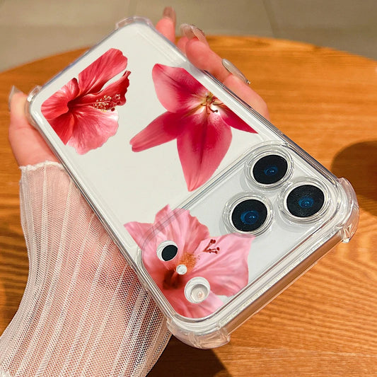 Pink Flowers Pattern Phone Case For iPhone 17 Pro Max Air 16 15 Pro Max 14 13 12 Pro Max 11 Transparent Soft TPU Back Cover
