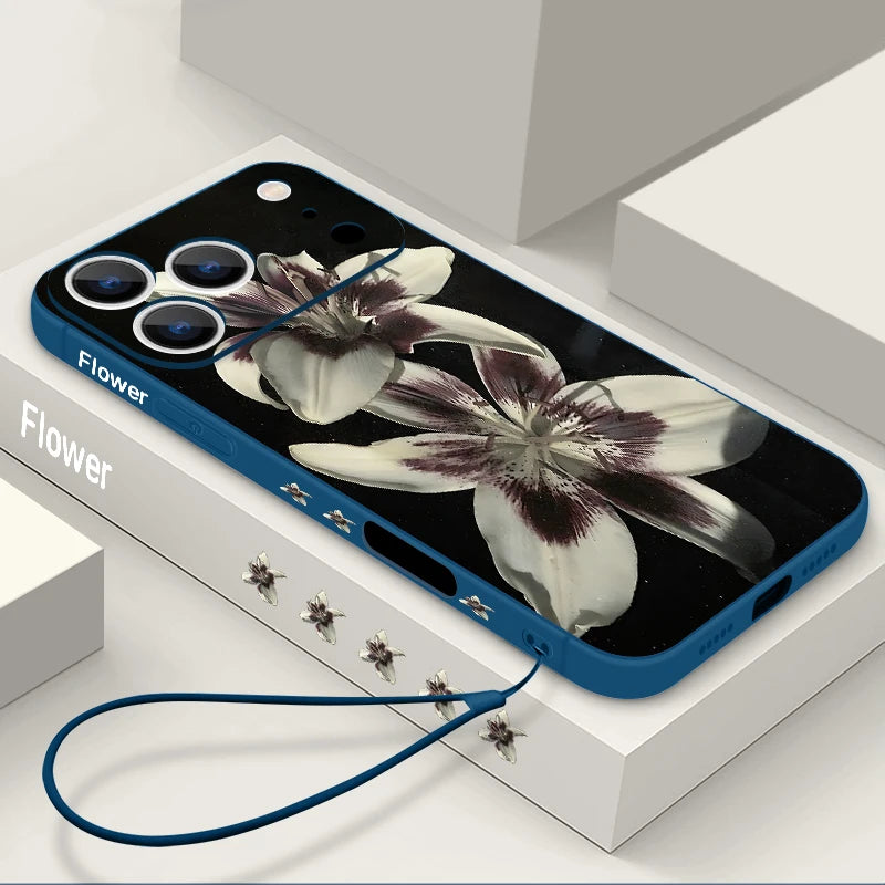 Wrist Strap Lanyard TPU Phone Case For iPhone 17 16 15 Pro Max 12 13 14 Pro Max Air 11 Lily Flower Pattern Soft Silicone Cover