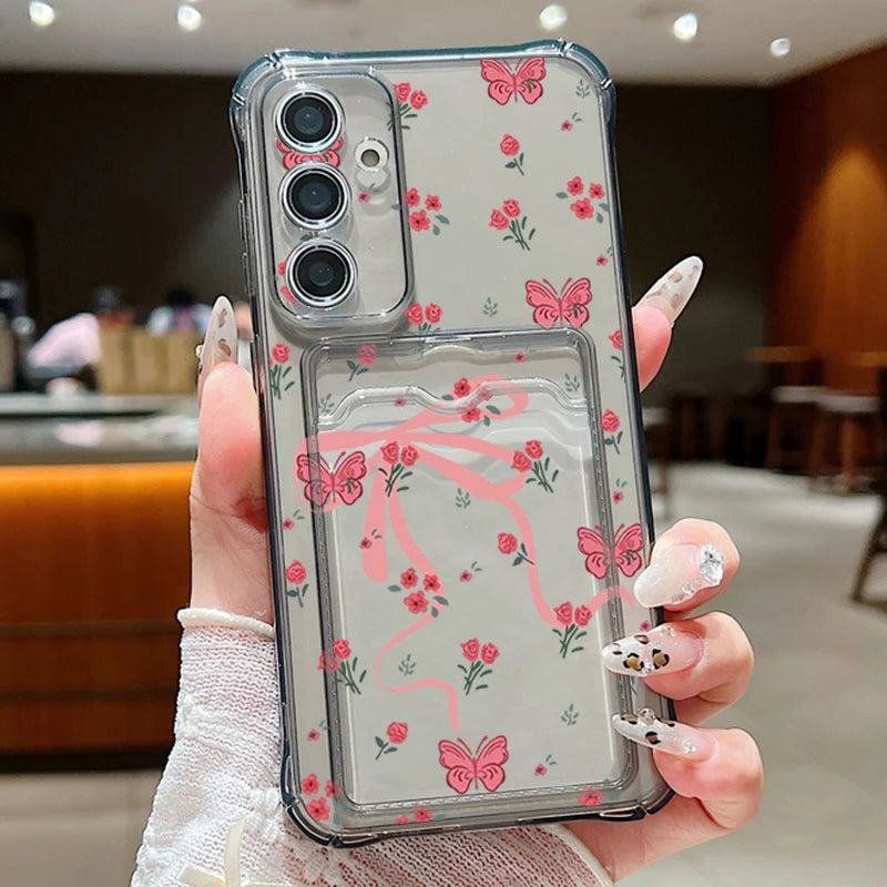 Card Slot Pocket Case For Samsung Galaxy S25 Edge S24 Ultra S23 S24 FE A56 A55 A25 A16 A15 A36 5G Pink Bowknot Printed TPU Cover