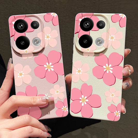 Cartoon Peach Blossoms Phone Case For Xiaomi Redmi Note 14 13 Pro 4G Note 13 14 Pro Plus 5G 13C 11 Pro Leather Texture TPU Cover
