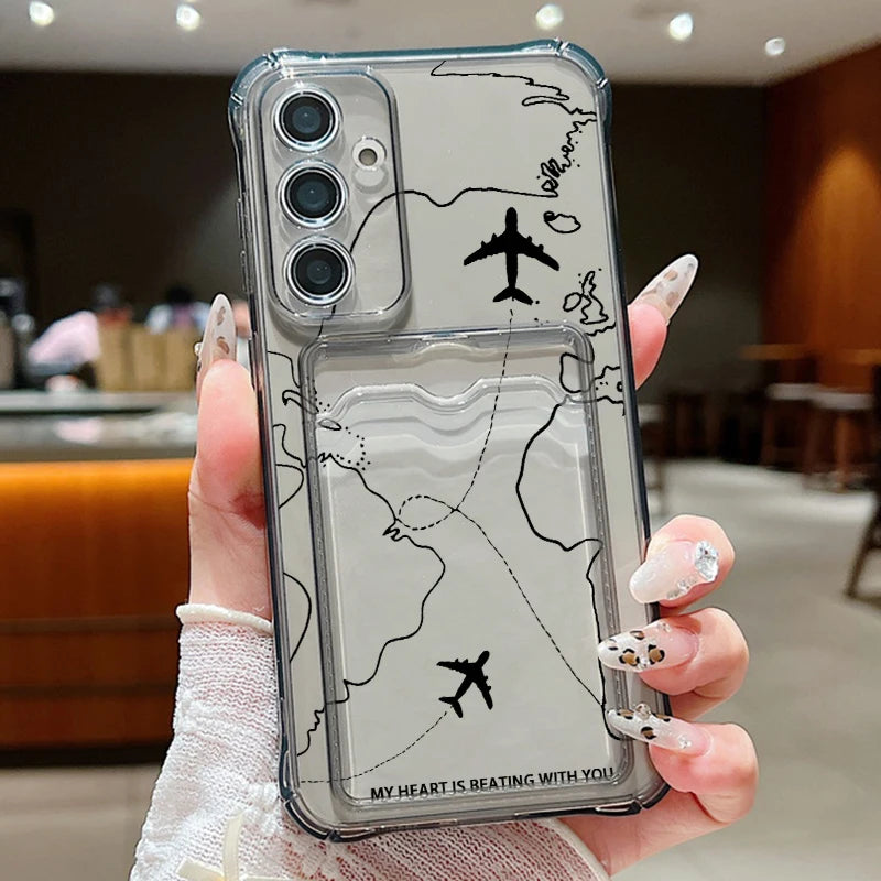 Air Route Card Bag Wallet Case For Samsung Galaxy S25 S24 S22 Ultra S23 FE A55 A35 A25 A15 A16 5G A06 A05 Soft TPU Phone Cover