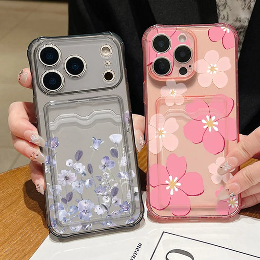 Card Slot Pocket TPU Case For iPhone 17 16 Pro 15 14 13 Pro Max 11 Shockproof Cartoon Flowers Pattern Soft Silicone Phone Cover