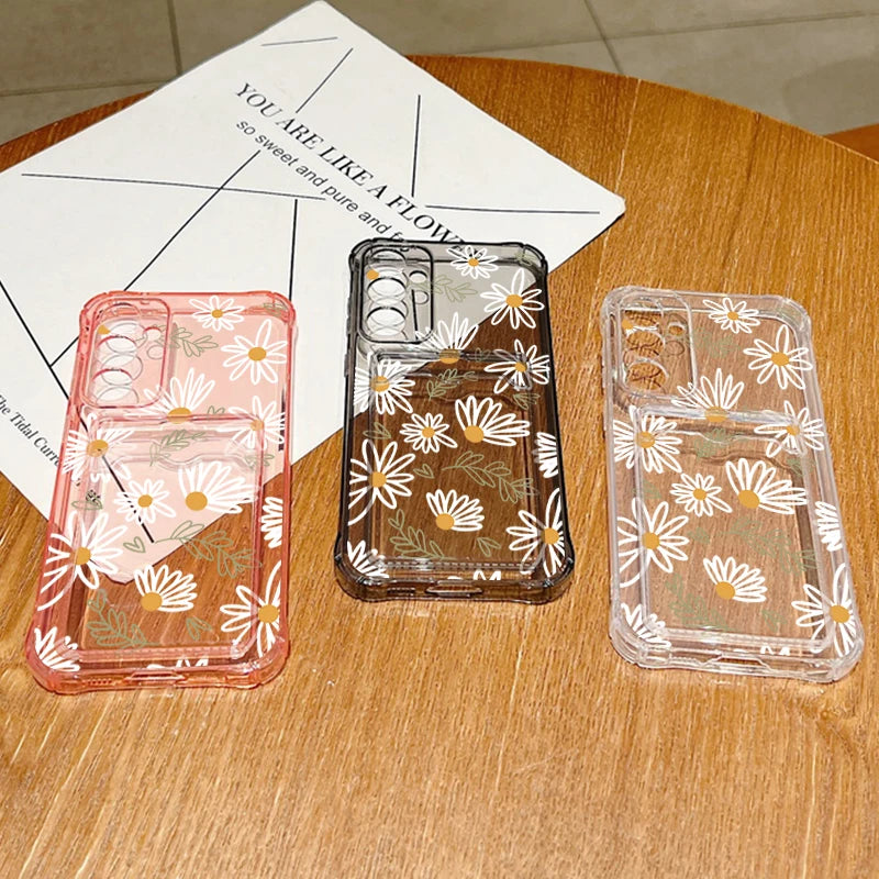 Card Slot Pocket Case For Samsung Galaxy A56 A55 A25 A16 A15 A36 5G S25 Edge S24 Ultra S23 S24 FE Cartoon White Flower TPU Cover