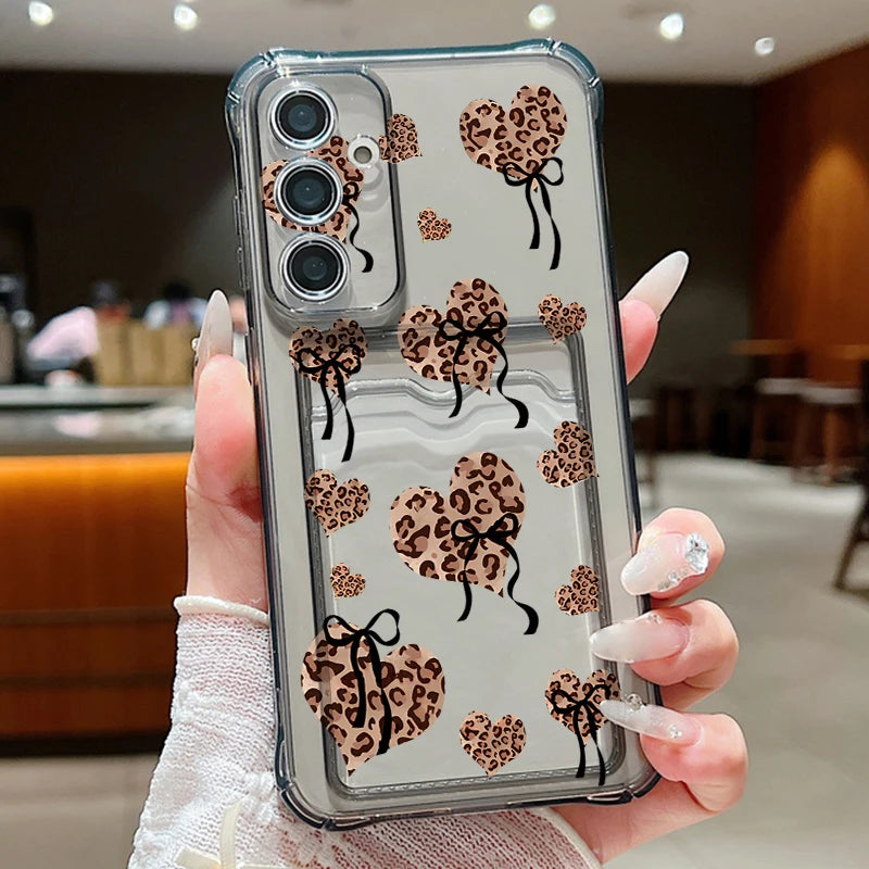 Card Pocket TPU Phone Case For Samsung Galaxy S25 S24 S23 Ultra S24 S23 S25 FE S22 Plus Leopard Print Love Heart Pattern Cover