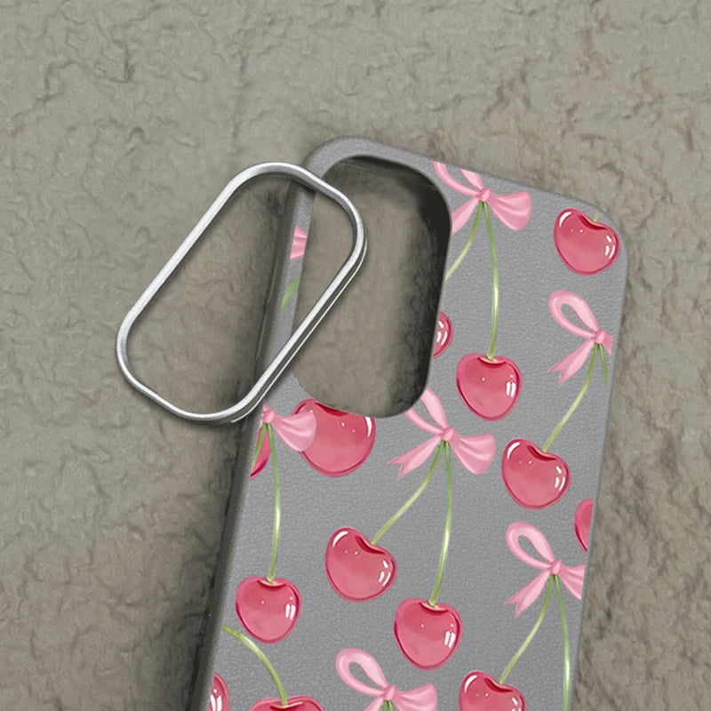 Cherry Bowknot Printed TPU Phone Case For Samsung Galaxy A56 A16 A36 A55 A15 A25 A26 A35 A54 A53 5G Leather Texture Back Cover