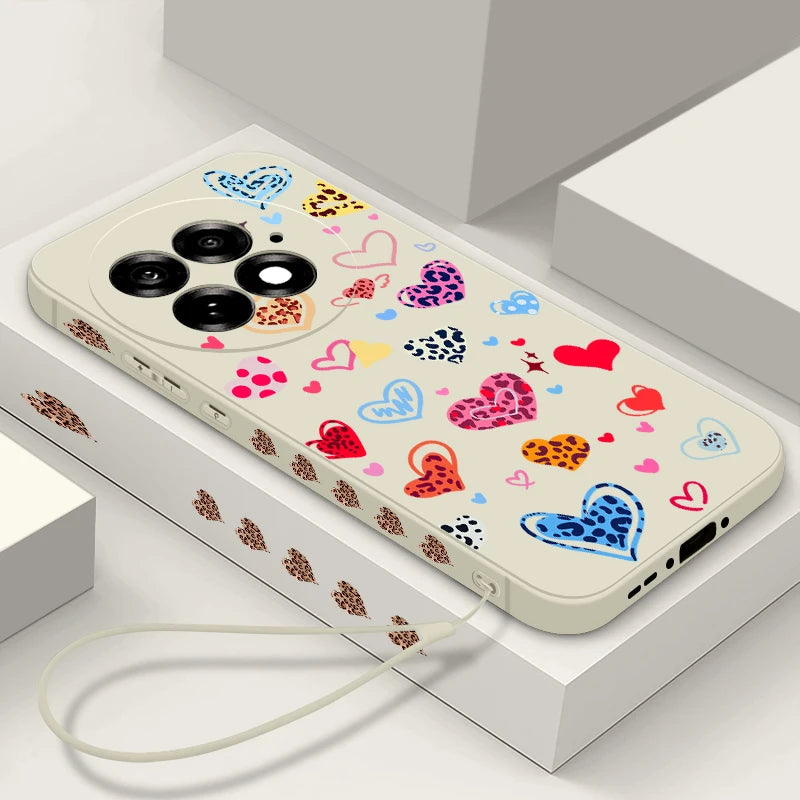 Lanyard Soft TPU Phone Case For OnePlus 15 13 13T 12 13R 12R 11R Nord 5 Ace 5 3 2 5G Colorful Love Heart Printed Silicone Cover