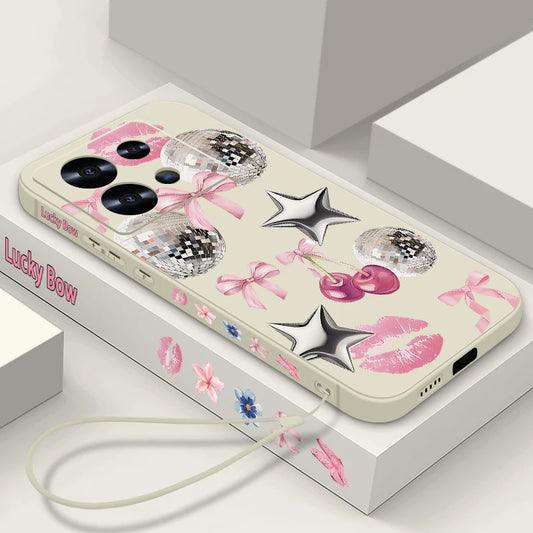 Cherry Bowknot Pattern Phone Case For Xiaomi Redmi Note 14 13 12 Pro 4G Note 13 14 Pro Plus 5G 13C 11 Pro Lanyard Soft TPU Cover
