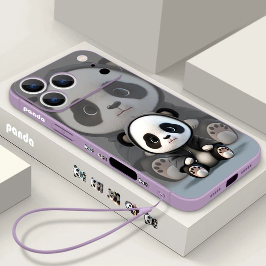 Wrist Strap Lanyard TPU Phone Case For iPhone 17 16 15 Pro Max 12 13 14 Pro Max Air 11 Cute Panda Printed Soft Silicone Cover