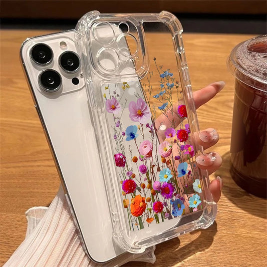 Transparent Case For iPhone 16e 16 15 Pro 14 13 12 Pro Max 11 Colorful Small Flower Print Soft TPU Fall Prevention Phone Cover