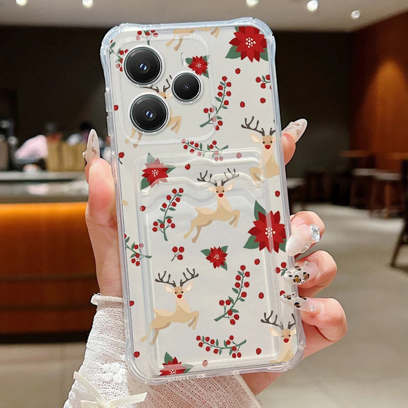 Card Slot Pocket Soft TPU Phone Case For Xiaomi 13T Pro Xiaomi 14T PRO Shockproof Cute Elk Love Heart Printed Clear Back Cover