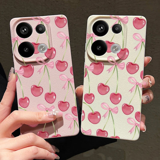 Cherry Bowknot Printed Phone Case For Xiaomi Redmi Note 14 13 Pro 4G Note 13 14 Pro Plus 5G 13C 11 Pro Leather Texture TPU Cover
