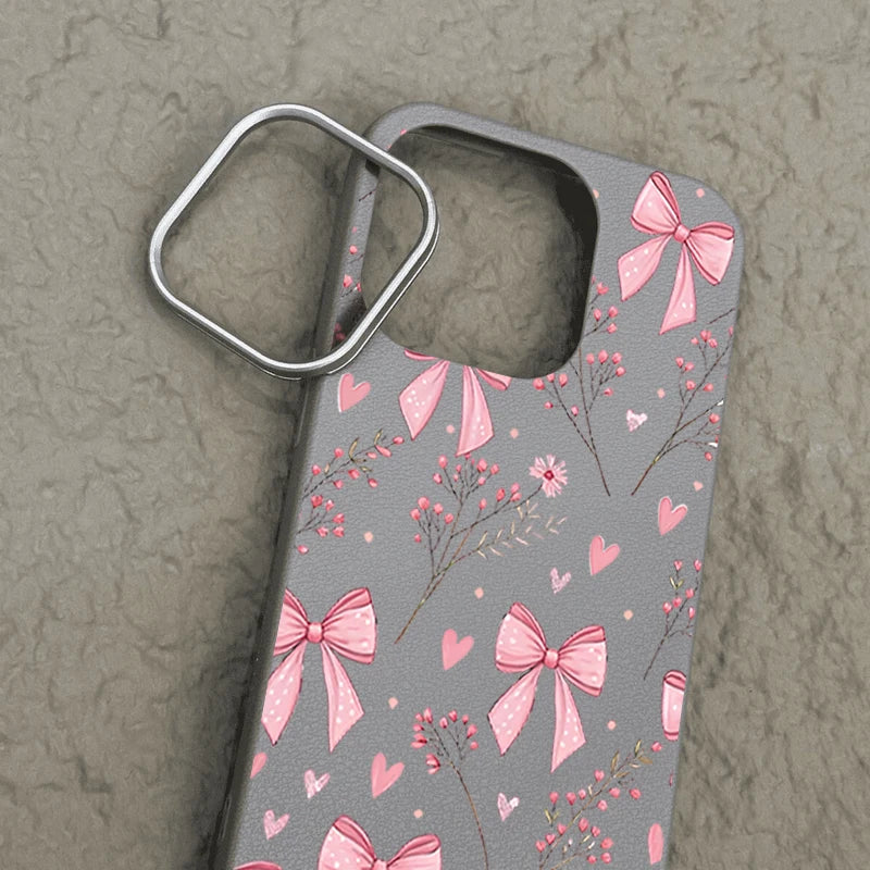 Leather Texture Soft TPU Phone Case For iPhone 17 16 15 Pro Max 14 15 Plus 13 12 Pro Max 11 Air Pink Bowknot Pattern Back Cover