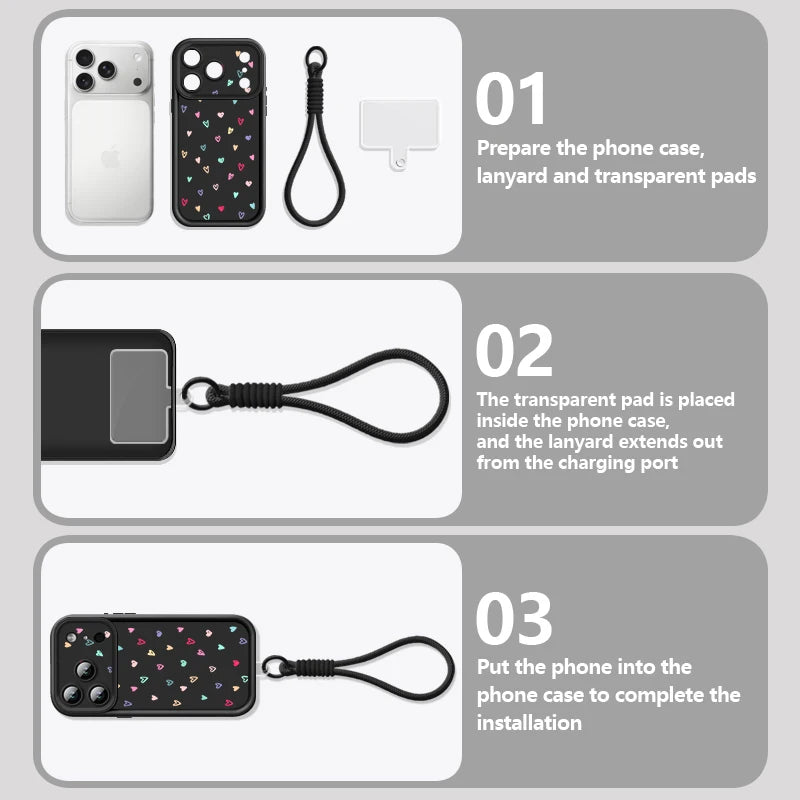 Wrist Strap Lanyard Phone Case For iPhone 17 Pro Max Air 16E 16 14 15 Pro 12 13 Pro Max 11 Tiny Hearts Pattern Soft TPU Cover