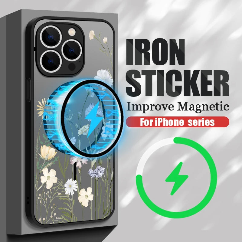Hard Matte Magnetic Case For iPhone 16e 16 15 Pro Max 14 13 Pro For Magsafe Wireless Charge Small Flowers Print Phone Cover